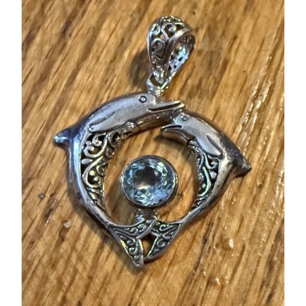 Sterling Silver and Light Blue‎ Topaz Dolphins Pendant 4.6g